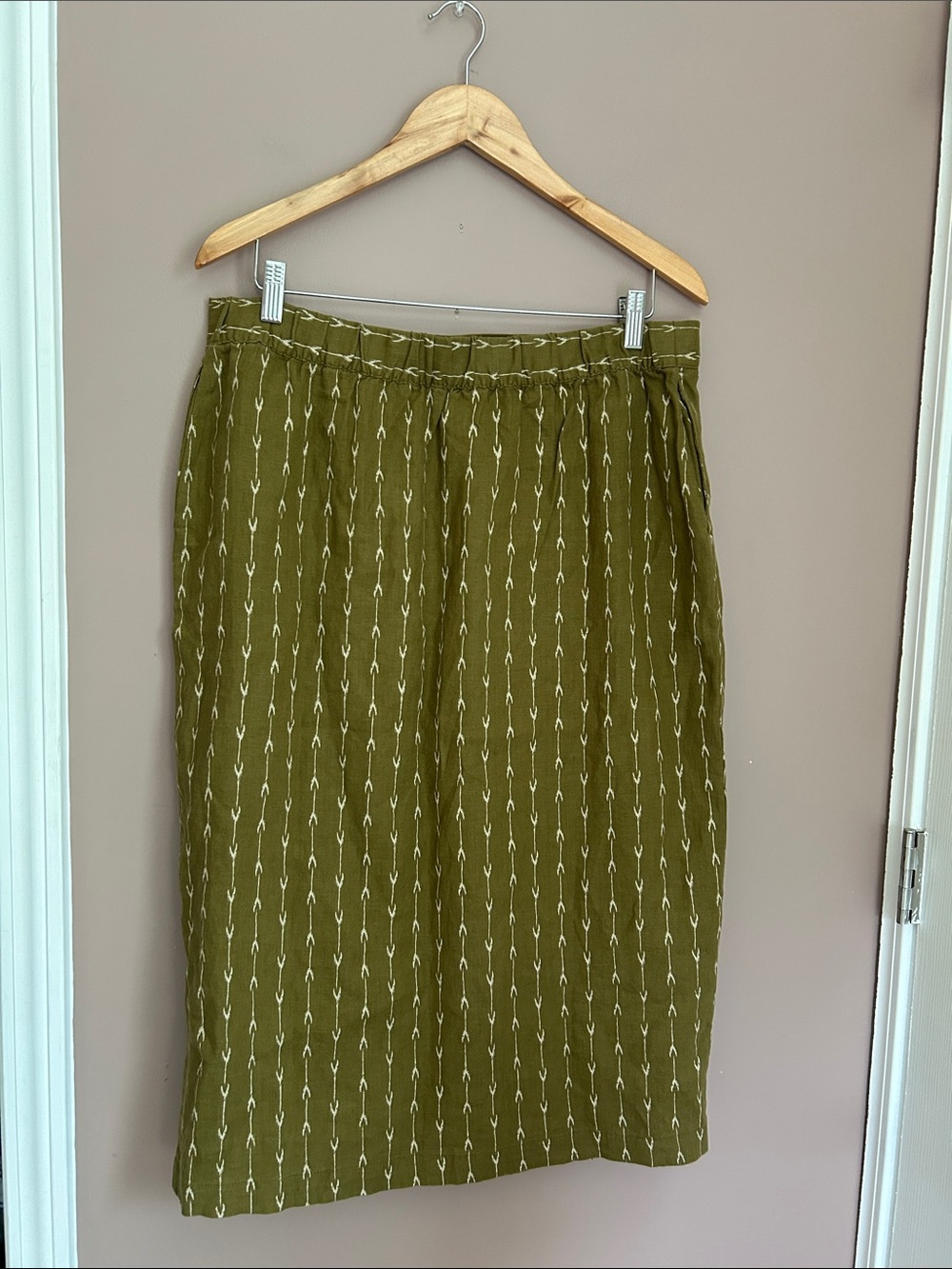 Garnet Hill Kona Linen Skirt Olive Green Geometric Midi Front Split Size L - Picture 4 of 13